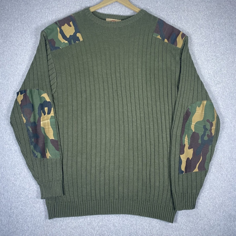 Vintage P.J. Mark Sweater Mens XL Green Camo Shoulder Elbow Patch Knit Crewneck